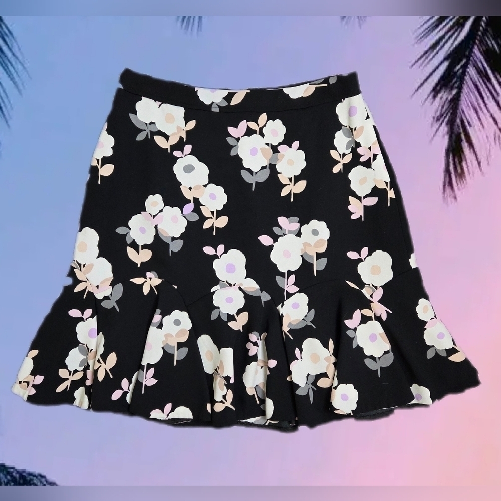 KATE SPADE Posy Floral Flounce Skirt Whimsies Black Pink Size 6 W28"